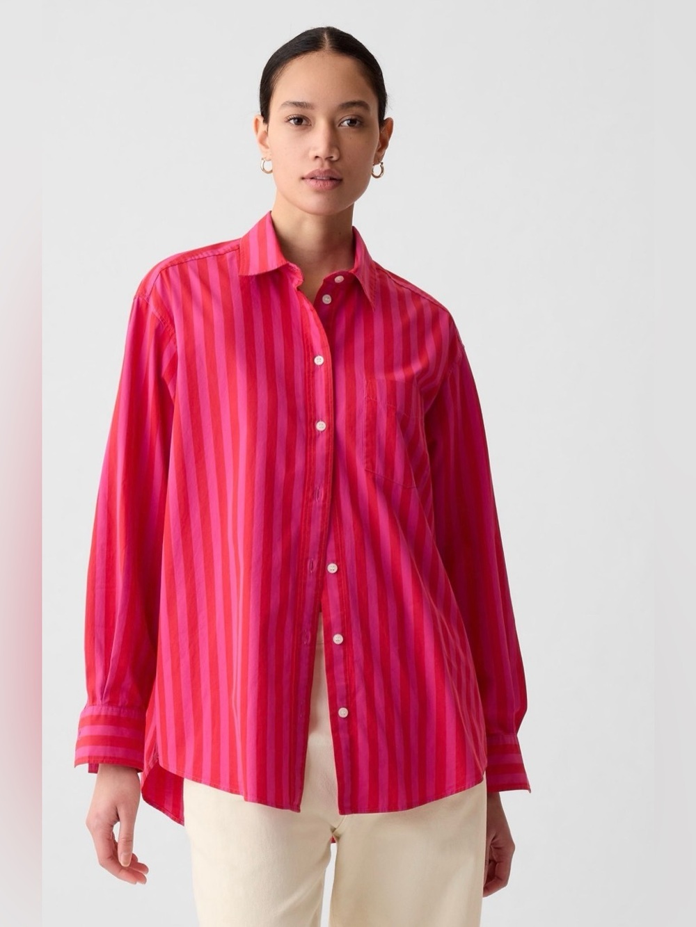 GAP 100% cotton Striped Button-Down Big Shirt - Bright Pink & Fuchsia